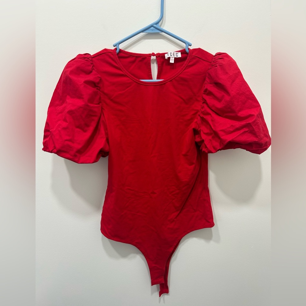 TCEC Bodysuit Size‎ Medium Red Puffy Sleeves Scoop Neck Trendy Evening Casual